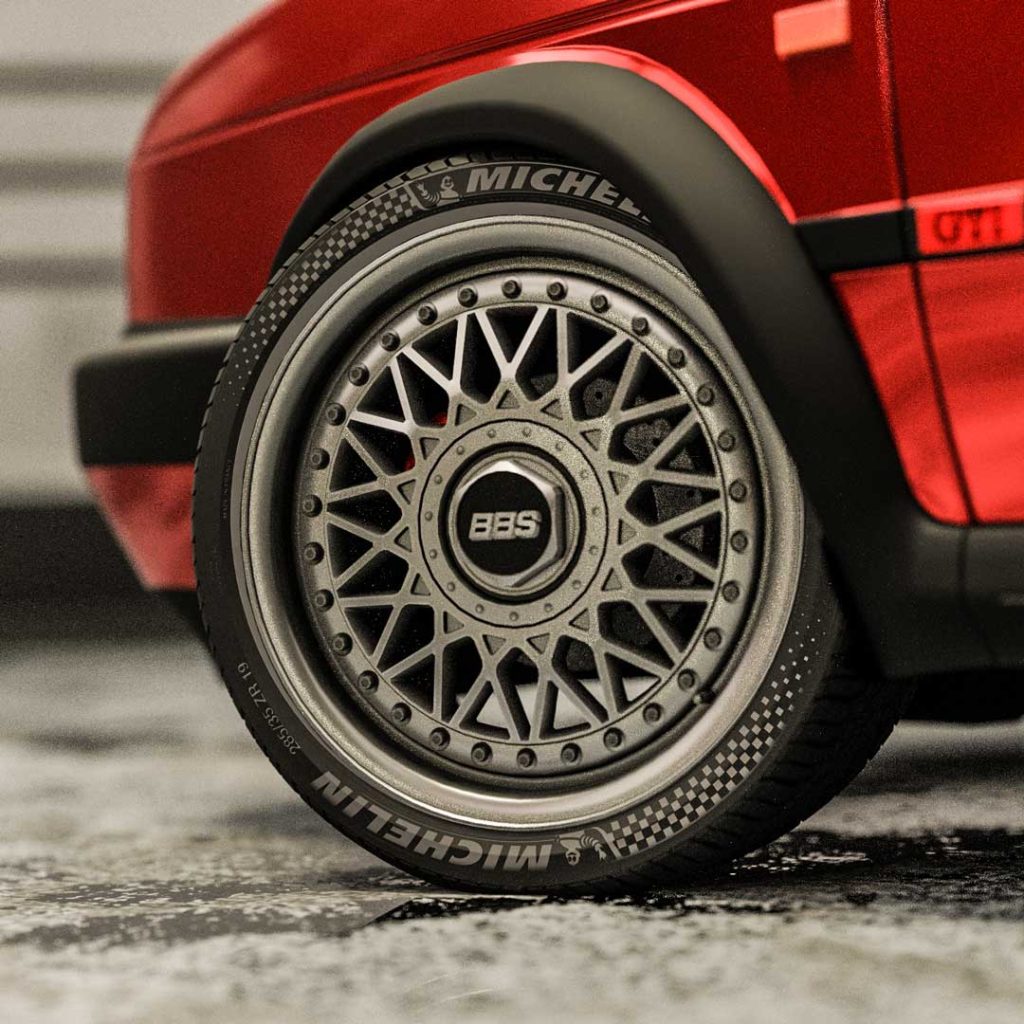 A high-quality render of a red Volkswagen Golf GTI MK2, showcasing its iconic sporty design.