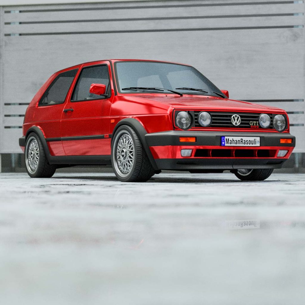 A high-quality render of a red Volkswagen Golf GTI MK2, showcasing its iconic sporty design.
