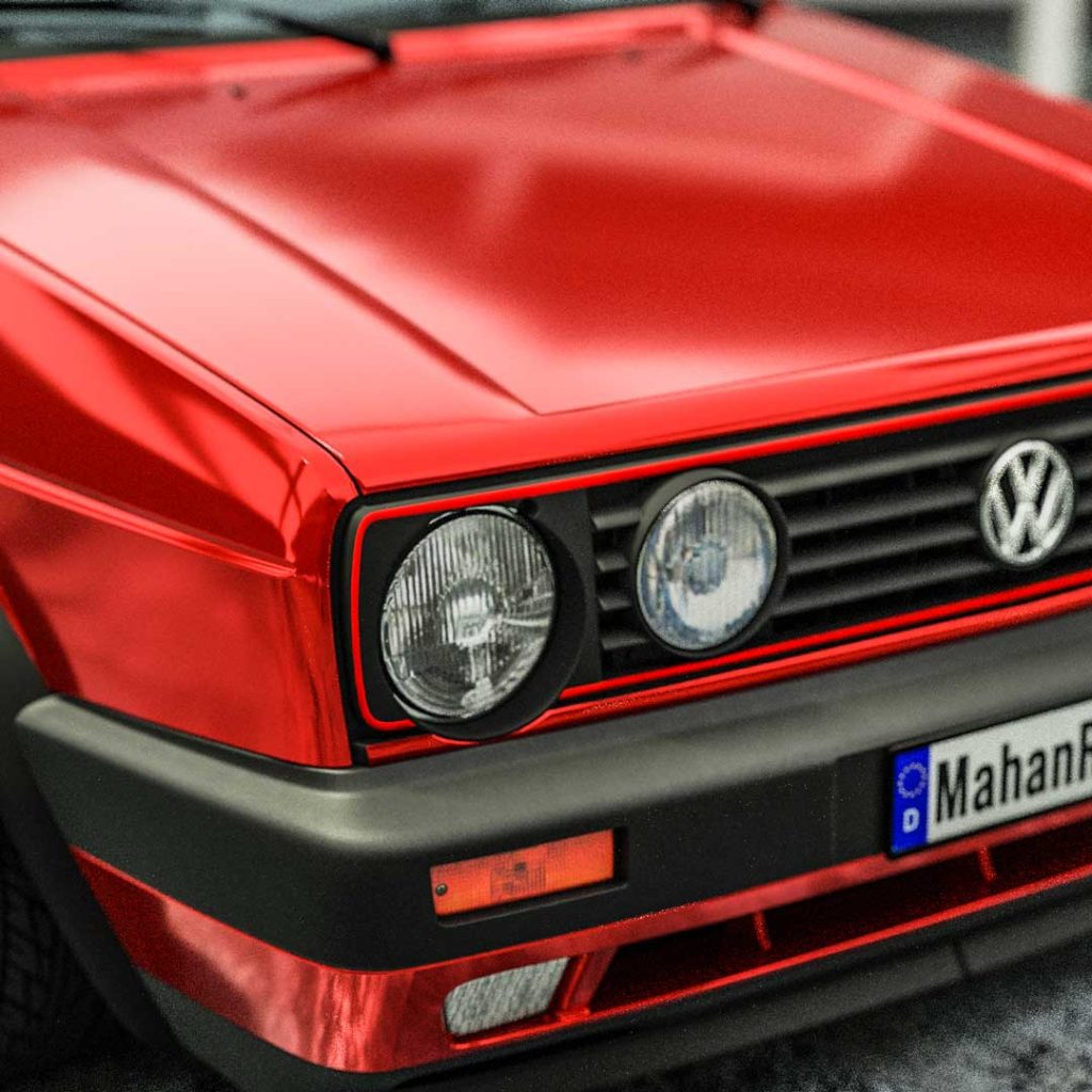 A high-quality render of a red Volkswagen Golf GTI MK2, showcasing its iconic sporty design.