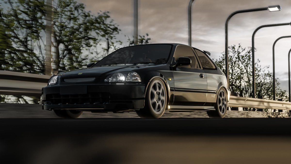 A black Honda Civic driving on a highway at dusk, with moody lighting and a cinematic atmosphere.
