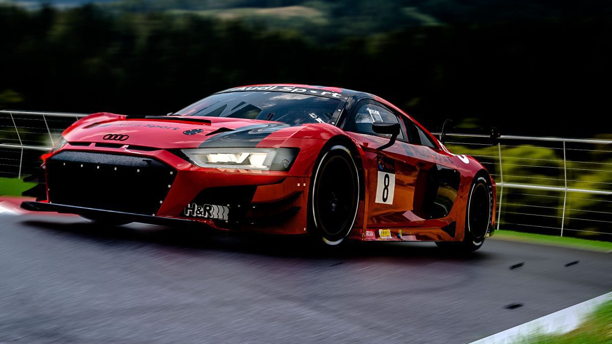A high-quality render of an Audi R8 on a racetrack, showcasing its sleek aerodynamics and speed.
