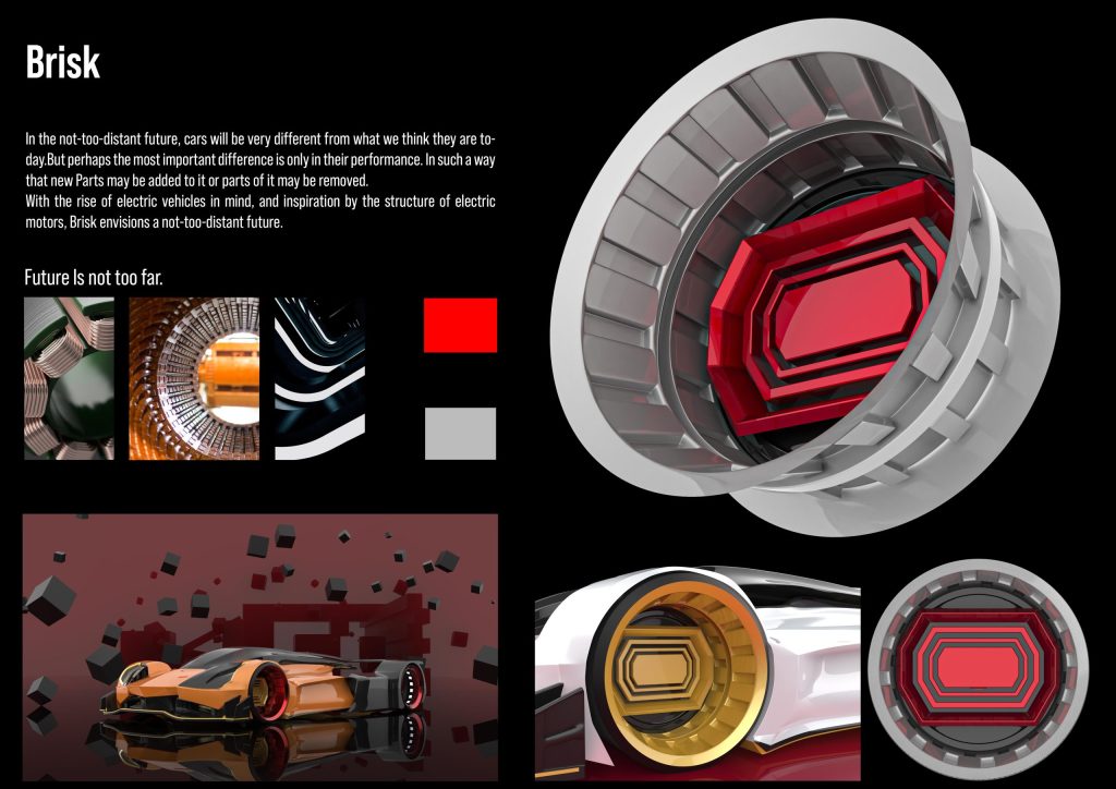 Brisk, a futuristic race car designed by Mahan Rasouli, inspired by the woodpecker, featuring aerodynamic elegance and cutting-edge performance.