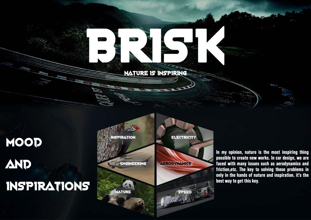 Brisk, a futuristic race car designed by Mahan Rasouli, inspired by the woodpecker, featuring aerodynamic elegance and cutting-edge performance.