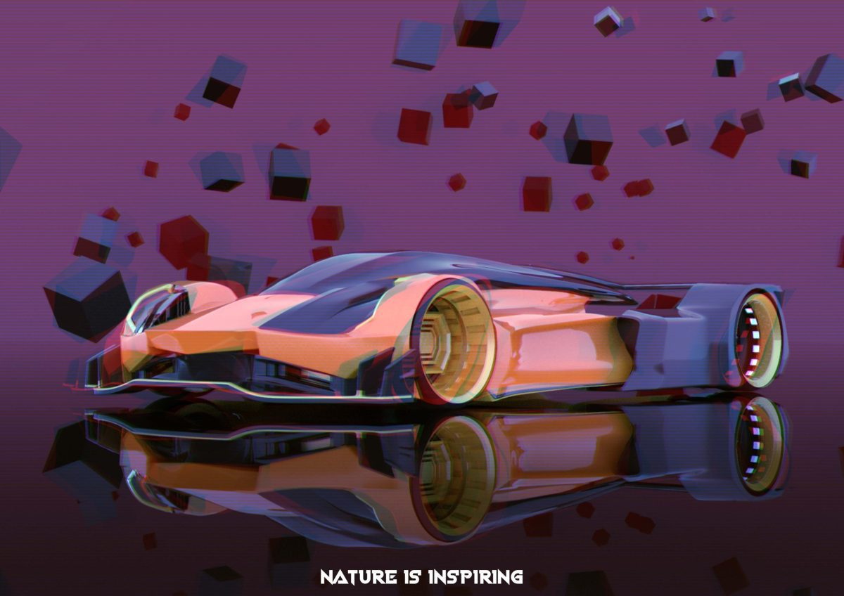 Brisk, a futuristic race car designed by Mahan Rasouli, inspired by the woodpecker, featuring aerodynamic elegance and cutting-edge performance.
