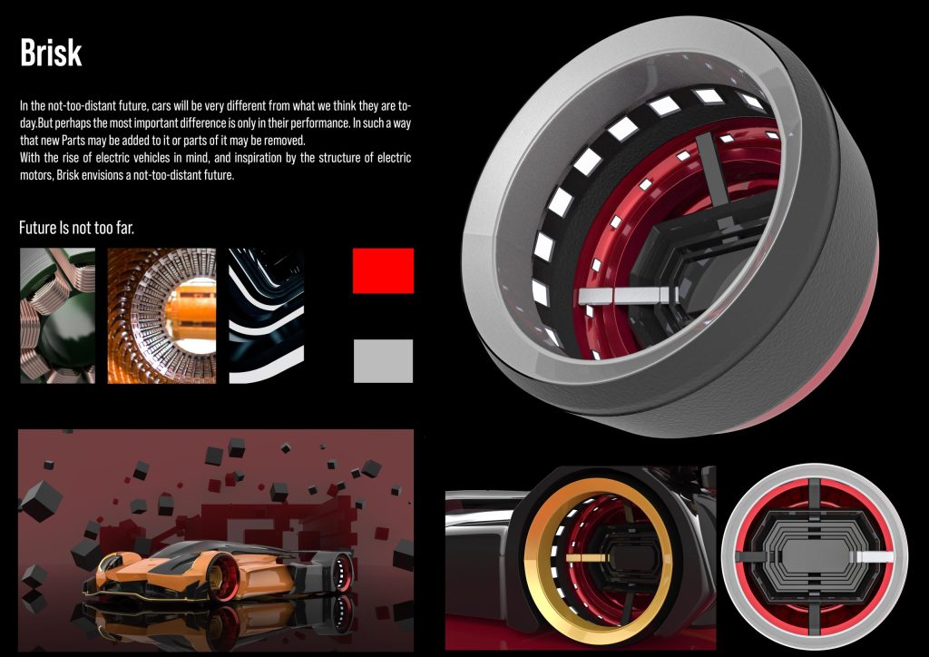 Brisk, a futuristic race car designed by Mahan Rasouli, inspired by the woodpecker, featuring aerodynamic elegance and cutting-edge performance.