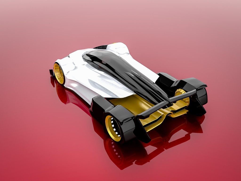 Brisk, a futuristic race car designed by Mahan Rasouli, inspired by the woodpecker, featuring aerodynamic elegance and cutting-edge performance.