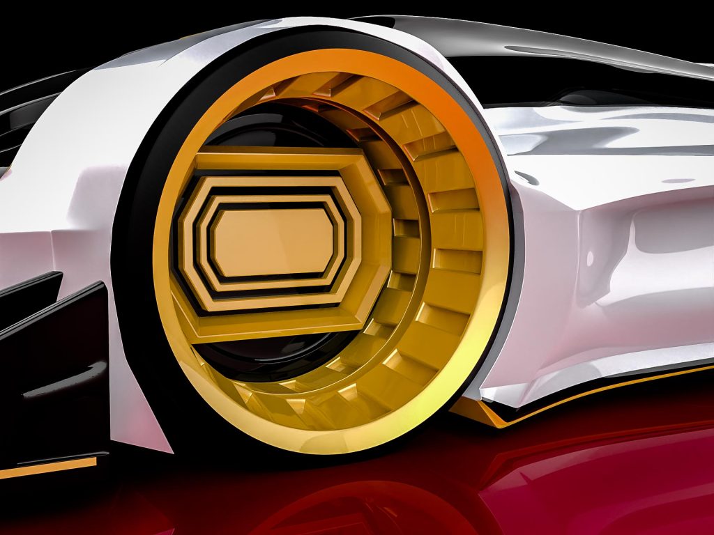 Brisk, a futuristic race car designed by Mahan Rasouli, inspired by the woodpecker, featuring aerodynamic elegance and cutting-edge performance.
