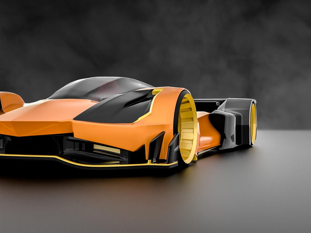 Brisk, a futuristic race car designed by Mahan Rasouli, inspired by the woodpecker, featuring aerodynamic elegance and cutting-edge performance.