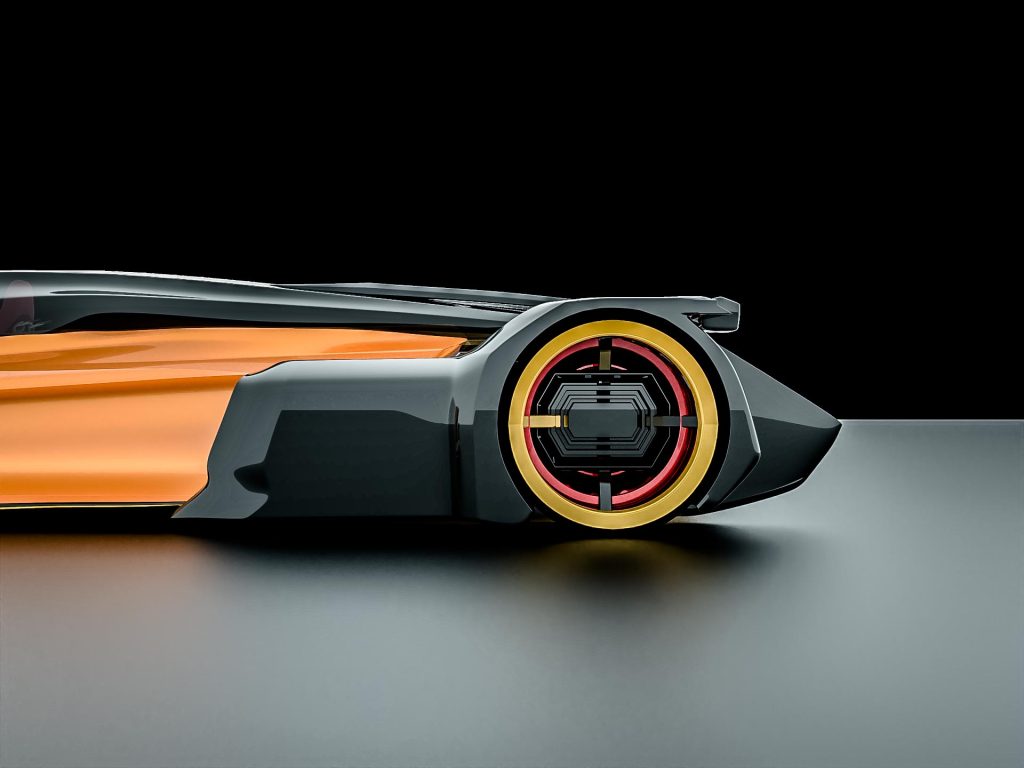 Brisk, a futuristic race car designed by Mahan Rasouli, inspired by the woodpecker, featuring aerodynamic elegance and cutting-edge performance.