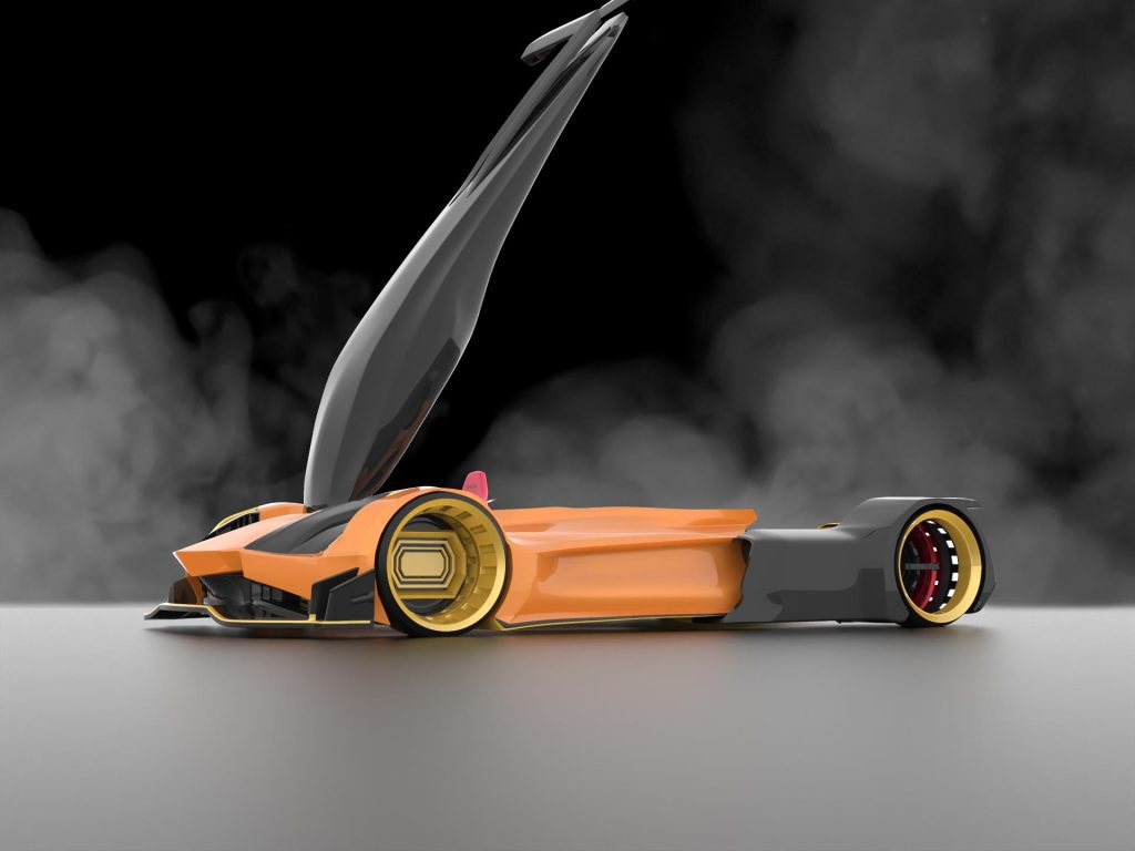 Brisk, a futuristic race car designed by Mahan Rasouli, inspired by the woodpecker, featuring aerodynamic elegance and cutting-edge performance.