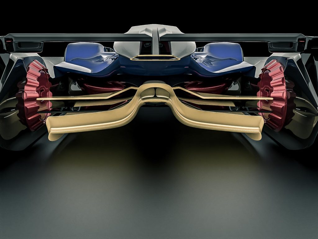 Brisk, a futuristic race car designed by Mahan Rasouli, inspired by the woodpecker, featuring aerodynamic elegance and cutting-edge performance.