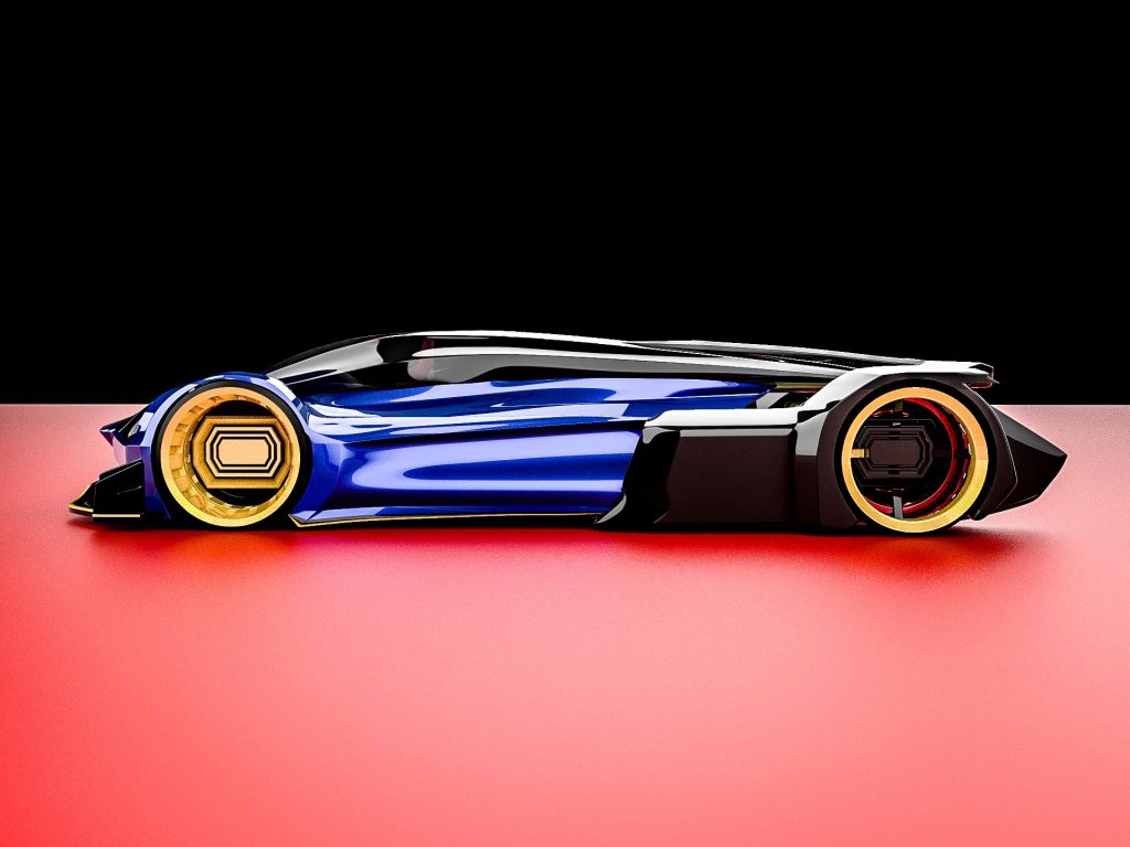 Brisk, a futuristic race car designed by Mahan Rasouli, inspired by the woodpecker, featuring aerodynamic elegance and cutting-edge performance.