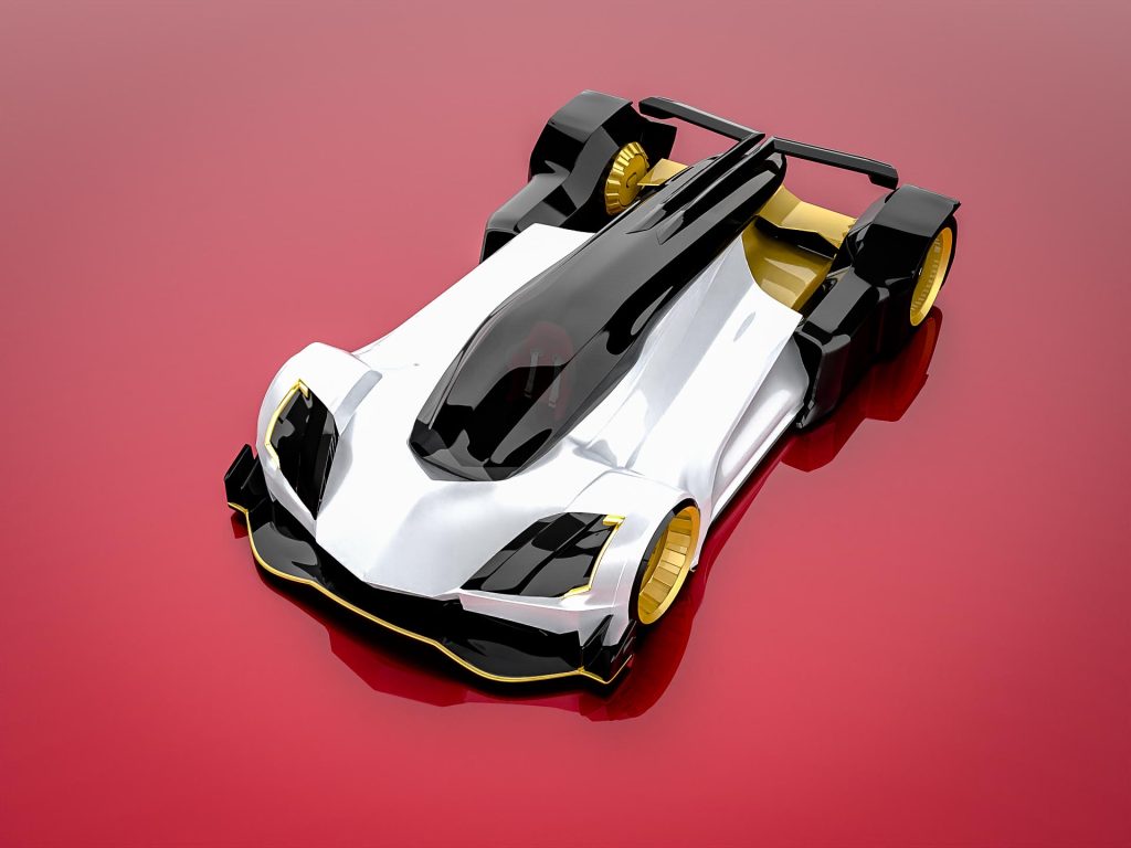 Brisk, a futuristic race car designed by Mahan Rasouli, inspired by the woodpecker, featuring aerodynamic elegance and cutting-edge performance.