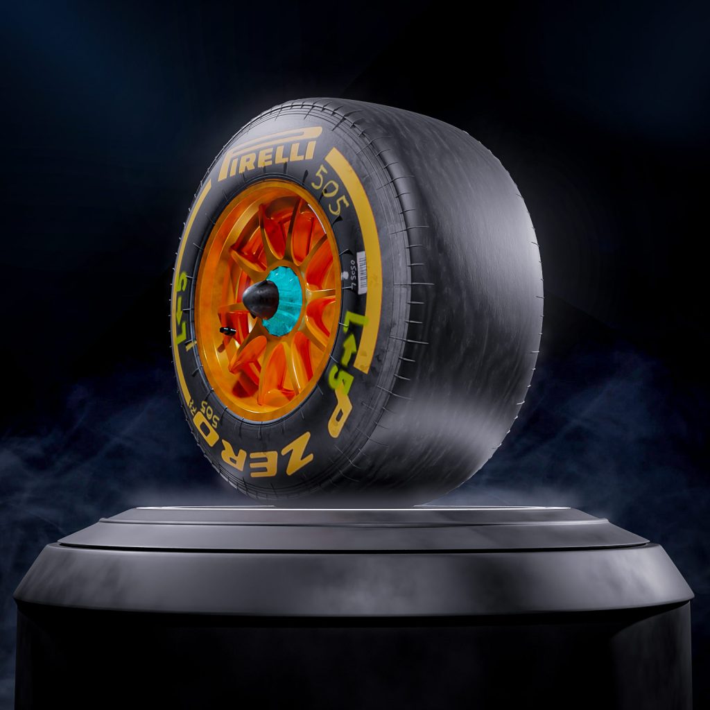 3D render of an F1 rim and tire with realistic damage by industrial designer Mahan Rasouli