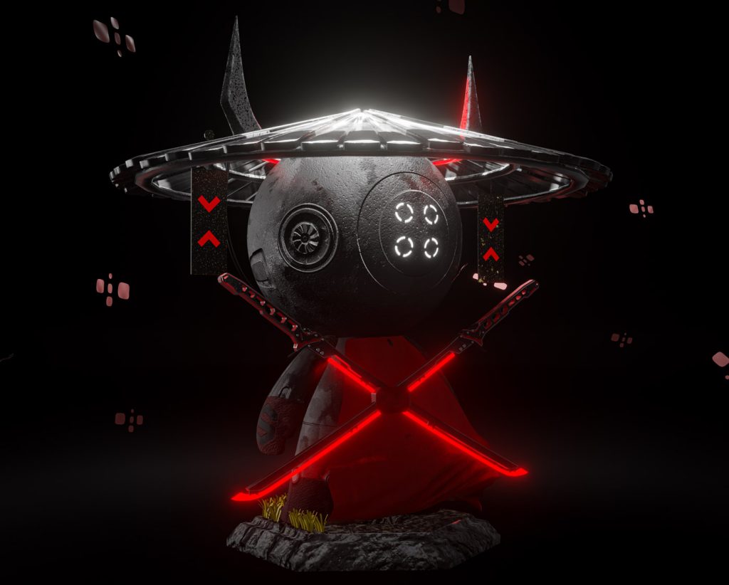 The Mit Mat 3D sculpture, reimagined as a samurai through custom textures in Substance 3D Painter.