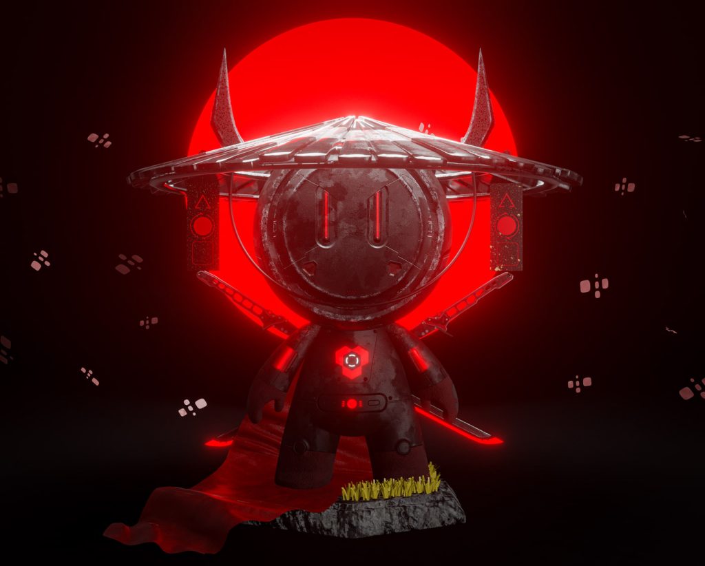 The Mit Mat 3D sculpture, reimagined as a samurai through custom textures in Substance 3D Painter.