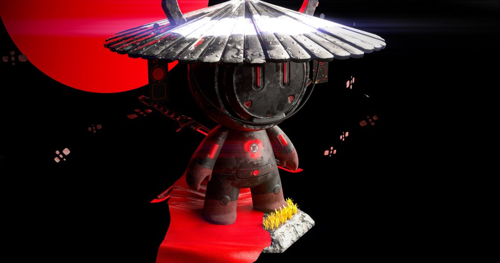 The Mit Mat 3D sculpture, reimagined as a samurai through custom textures in Substance 3D Painter.