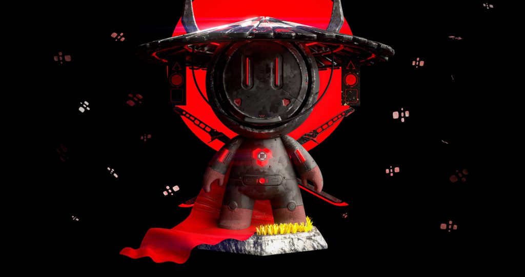 The Mit Mat 3D sculpture, reimagined as a samurai through custom textures in Substance 3D Painter.