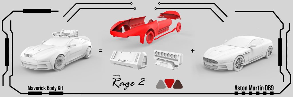 A body kit designed by Mahan Rasouli for the Aston Martin DB9, inspired by the aggressive aesthetics of Rage 2.