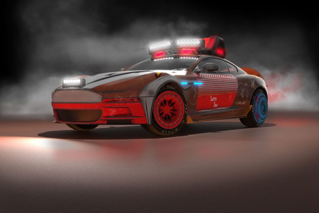 A body kit designed by Mahan Rasouli for the Aston Martin DB9, inspired by the aggressive aesthetics of Rage 2.