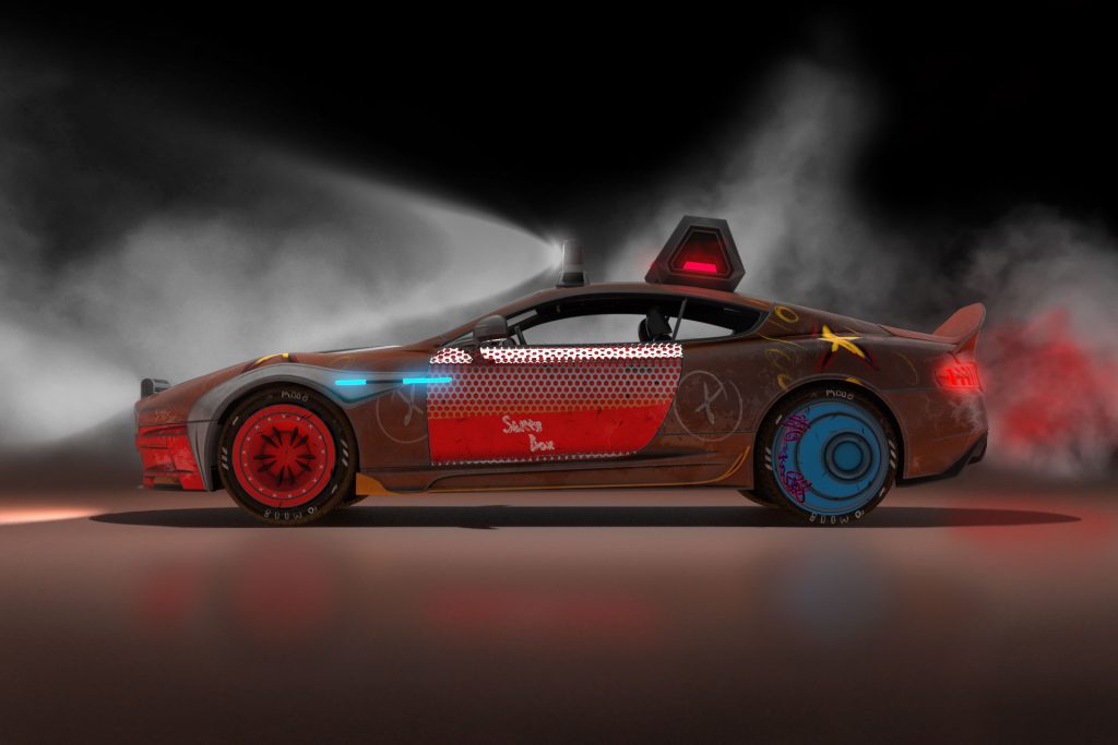 A body kit designed by Mahan Rasouli for the Aston Martin DB9, inspired by the aggressive aesthetics of Rage 2.