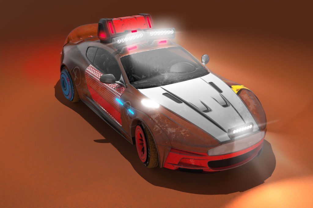 A body kit designed by Mahan Rasouli for the Aston Martin DB9, inspired by the aggressive aesthetics of Rage 2.