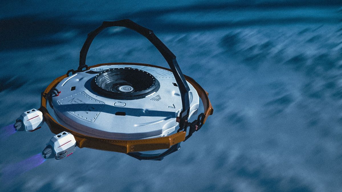 Neptune, a concept spaceship designed by Mahan Rasouli, inspired by classic dish-shaped spaceships from old sci-fi movies.