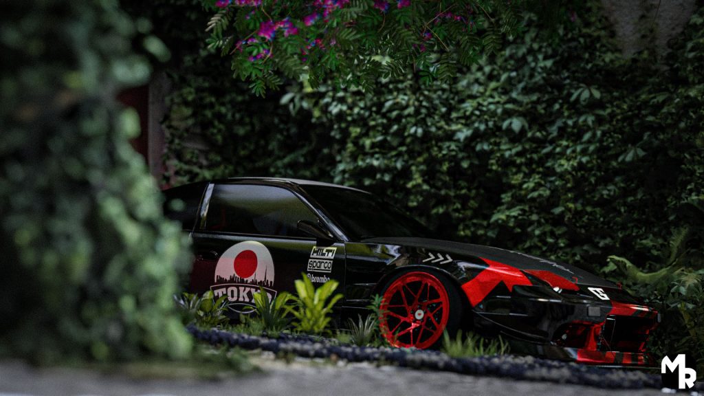 A Nissan 240SX with a custom black and red livery, parked inside a cityscape with urban lighting.