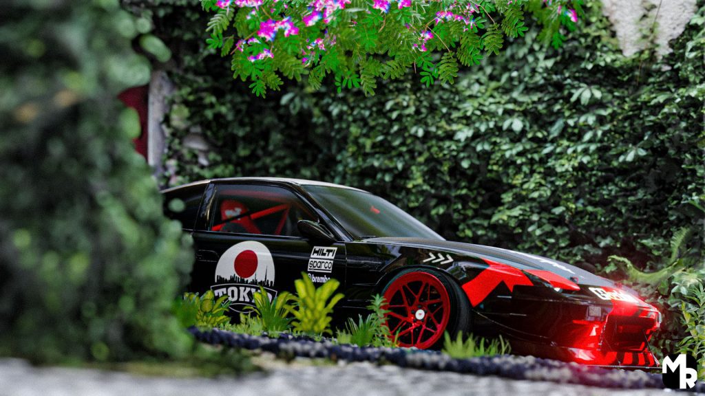 A Nissan 240SX with a custom black and red livery, parked inside a cityscape with urban lighting.