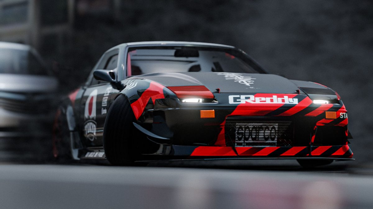 A Nissan 240SX with a custom black and red livery, parked inside a cityscape with urban lighting.