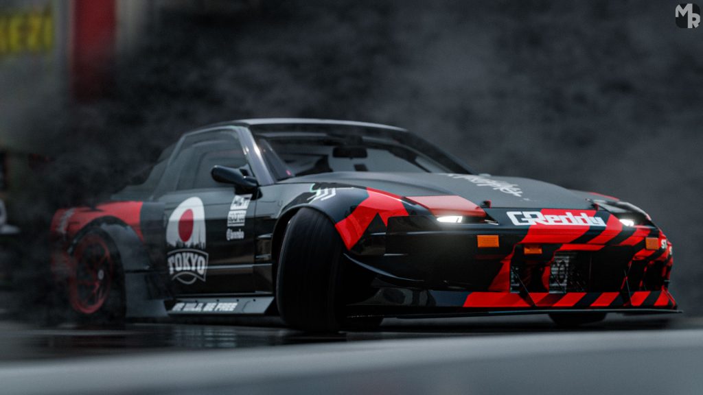 A Nissan 240SX with a custom black and red livery, parked inside a cityscape with urban lighting.