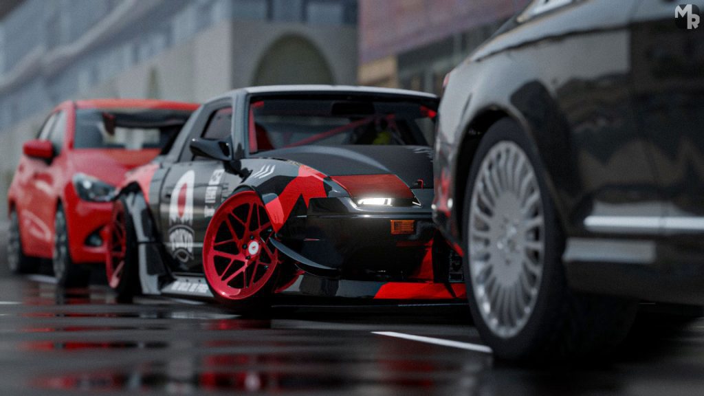 A Nissan 240SX with a custom black and red livery, parked inside a cityscape with urban lighting.