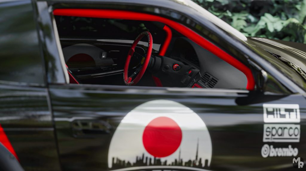 A Nissan 240SX with a custom black and red livery, parked inside a cityscape with urban lighting.