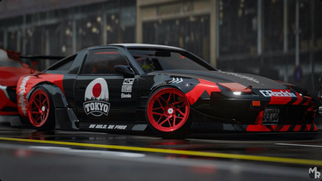A Nissan 240SX with a custom black and red livery, parked inside a cityscape with urban lighting.