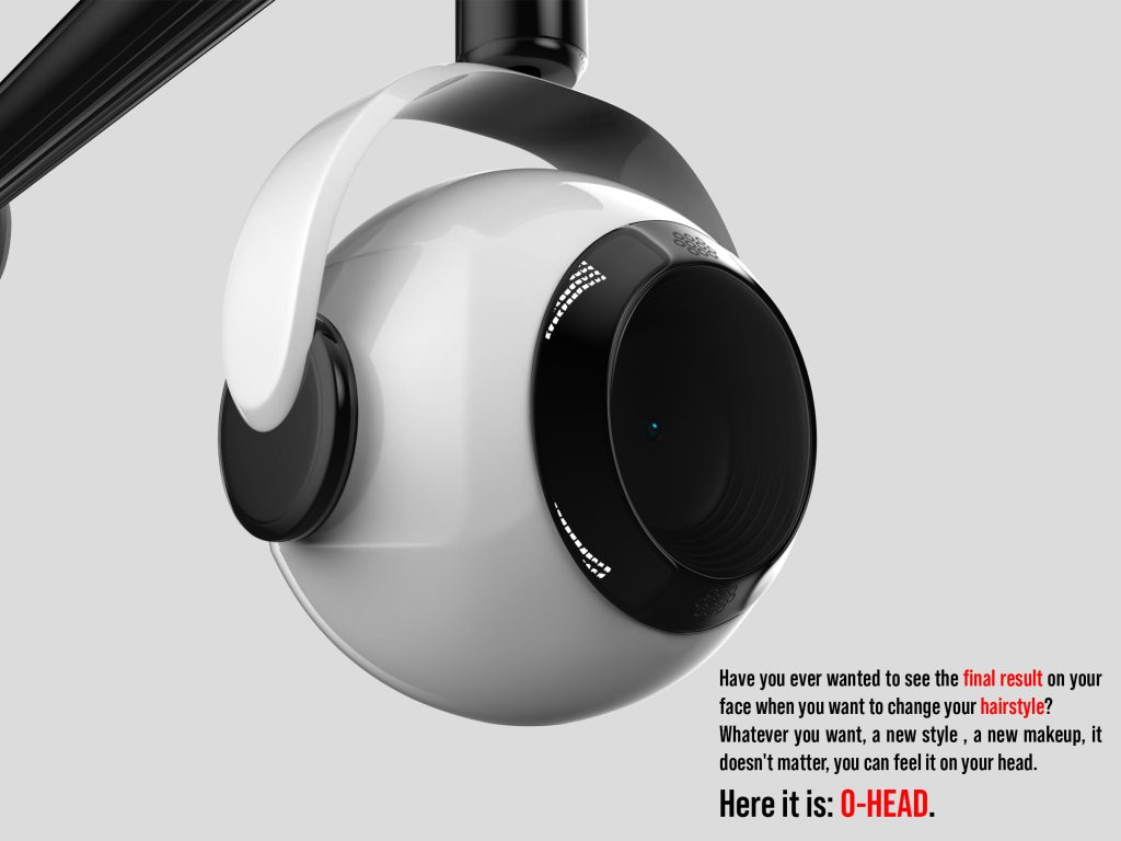 3D render of O-Head, a robotic assistant for barbers designed by Mahan Rasouli
