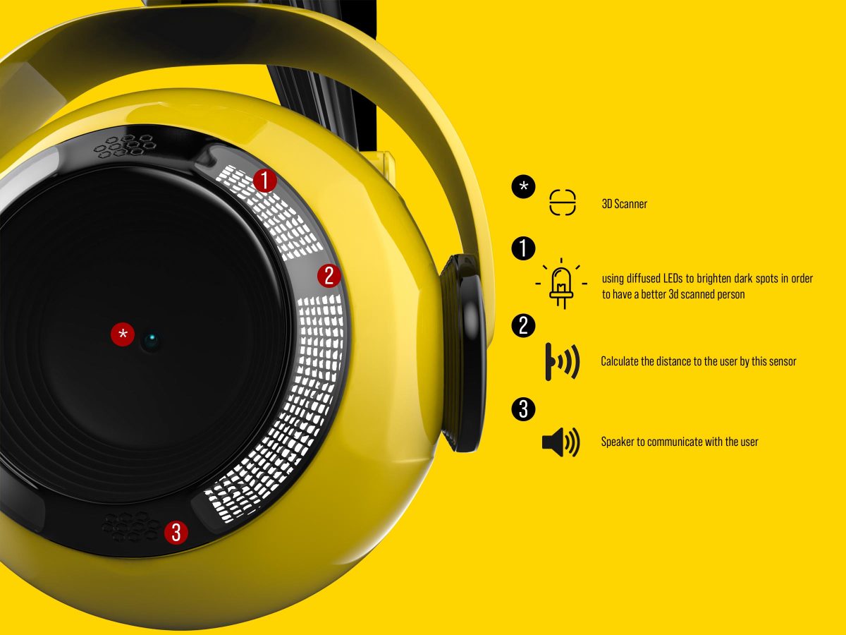 3D render of O-Head, a robotic assistant for barbers designed by Mahan Rasouli