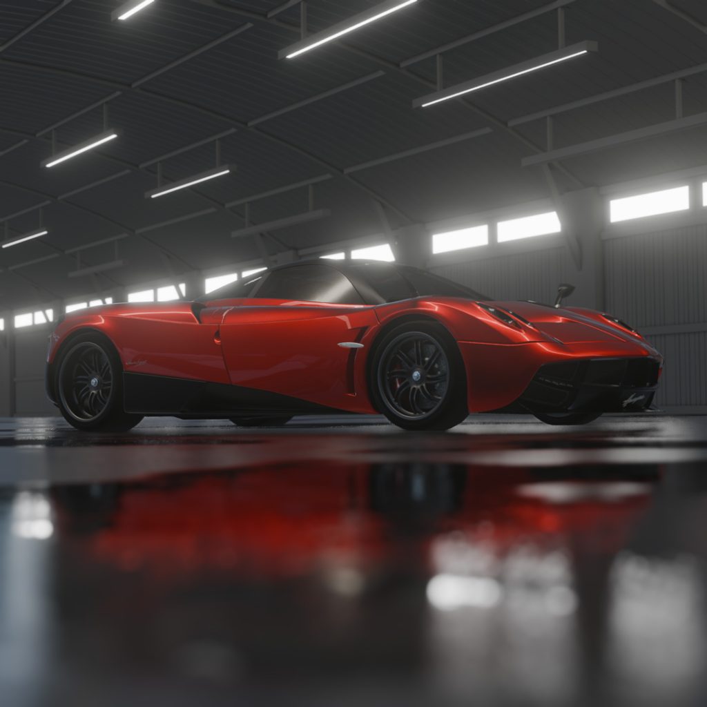 A high-quality render of a Pagani Huayra, emphasizing its sculptural curves and metallic reflections.