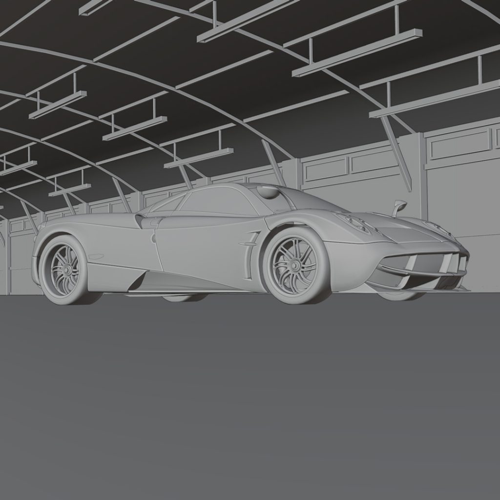 A high-quality render of a Pagani Huayra, emphasizing its sculptural curves and metallic reflections.
