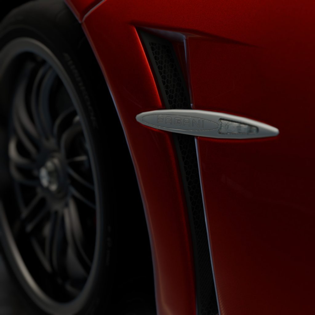A high-quality render of a Pagani Huayra, emphasizing its sculptural curves and metallic reflections.