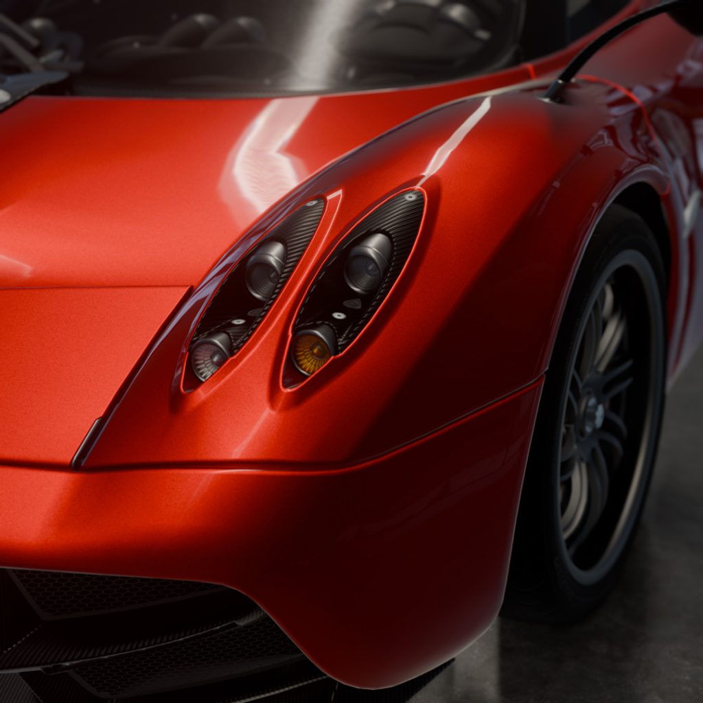 A high-quality render of a Pagani Huayra, emphasizing its sculptural curves and metallic reflections.