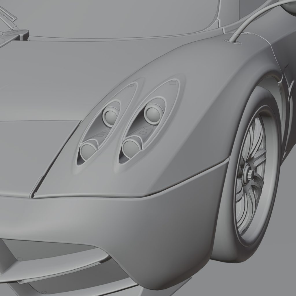 A high-quality render of a Pagani Huayra, emphasizing its sculptural curves and metallic reflections.