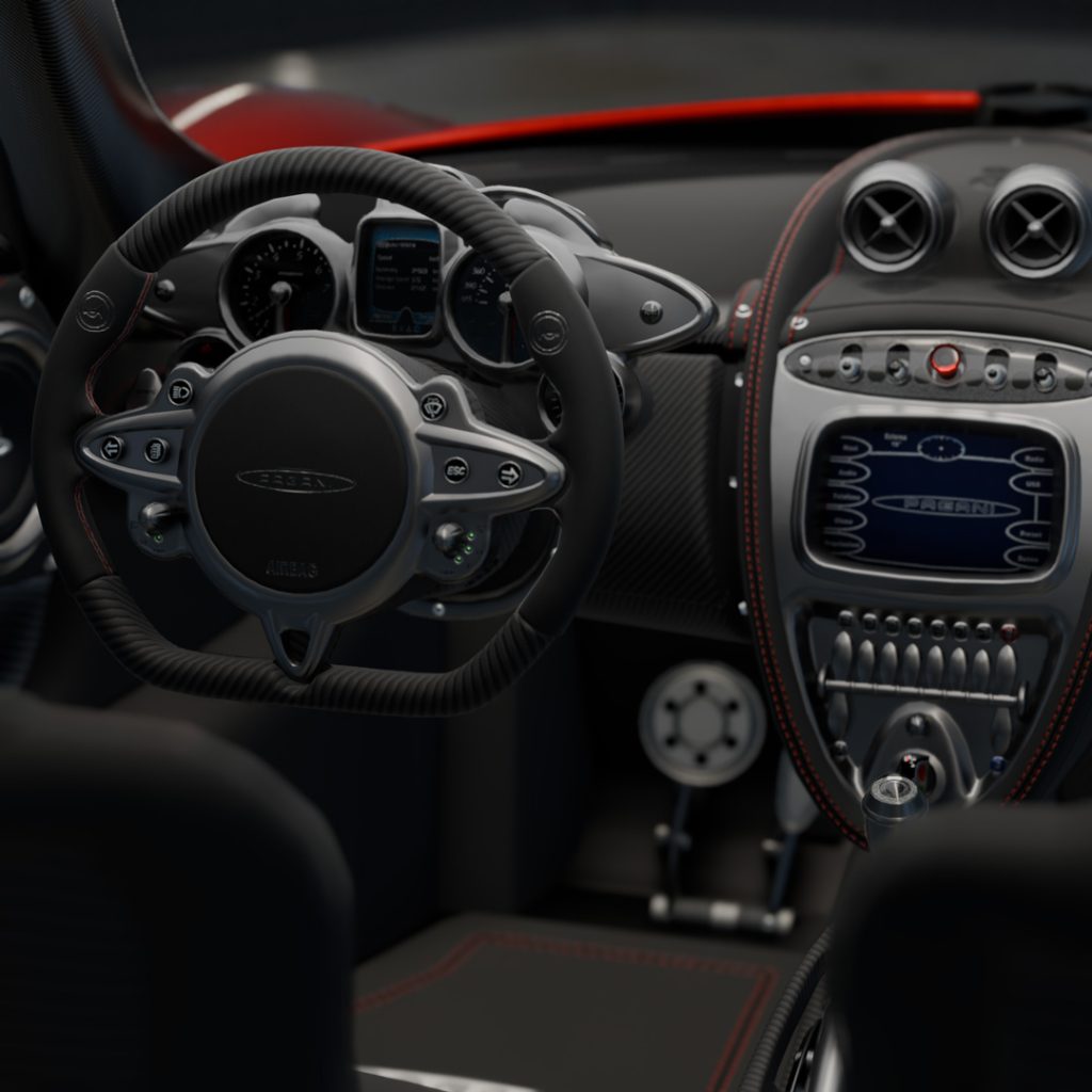 A high-quality render of a Pagani Huayra, emphasizing its sculptural curves and metallic reflections.