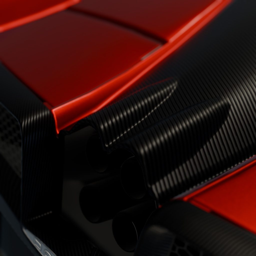 A high-quality render of a Pagani Huayra, emphasizing its sculptural curves and metallic reflections.