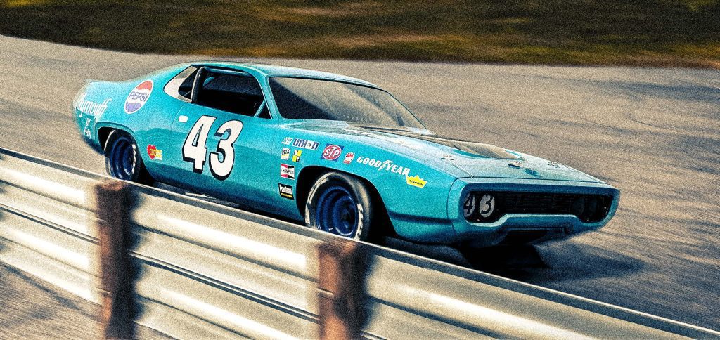 A Plymouth GTX rendered in NASCAR style, featuring bold racing liveries and an aggressive stance.