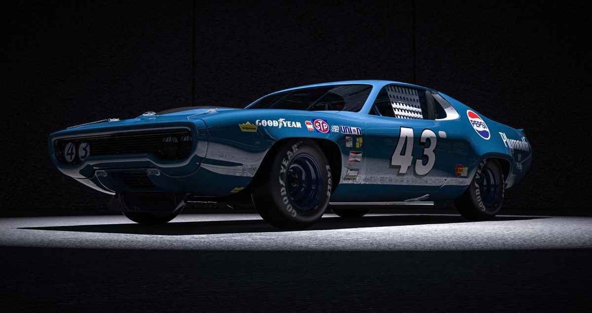 A Plymouth GTX rendered in NASCAR style, featuring bold racing liveries and an aggressive stance.