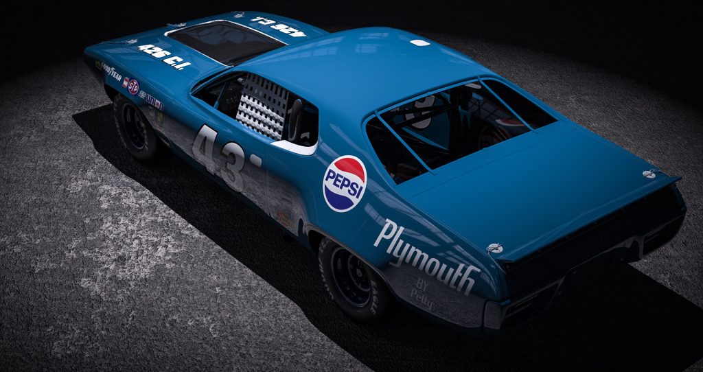 A Plymouth GTX rendered in NASCAR style, featuring bold racing liveries and an aggressive stance.