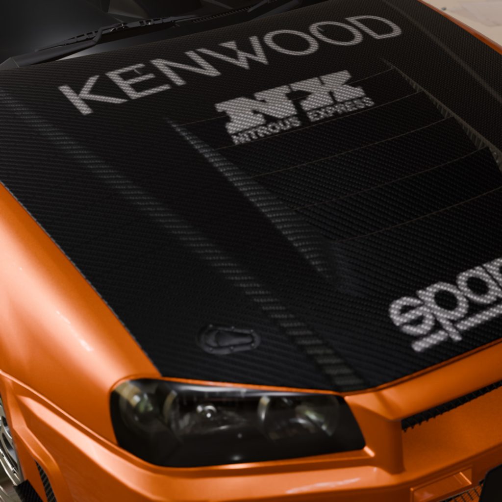 A high-quality render of Eddie’s Nissan GT-R R34 from Need for Speed Underground 1, featuring the iconic livery.