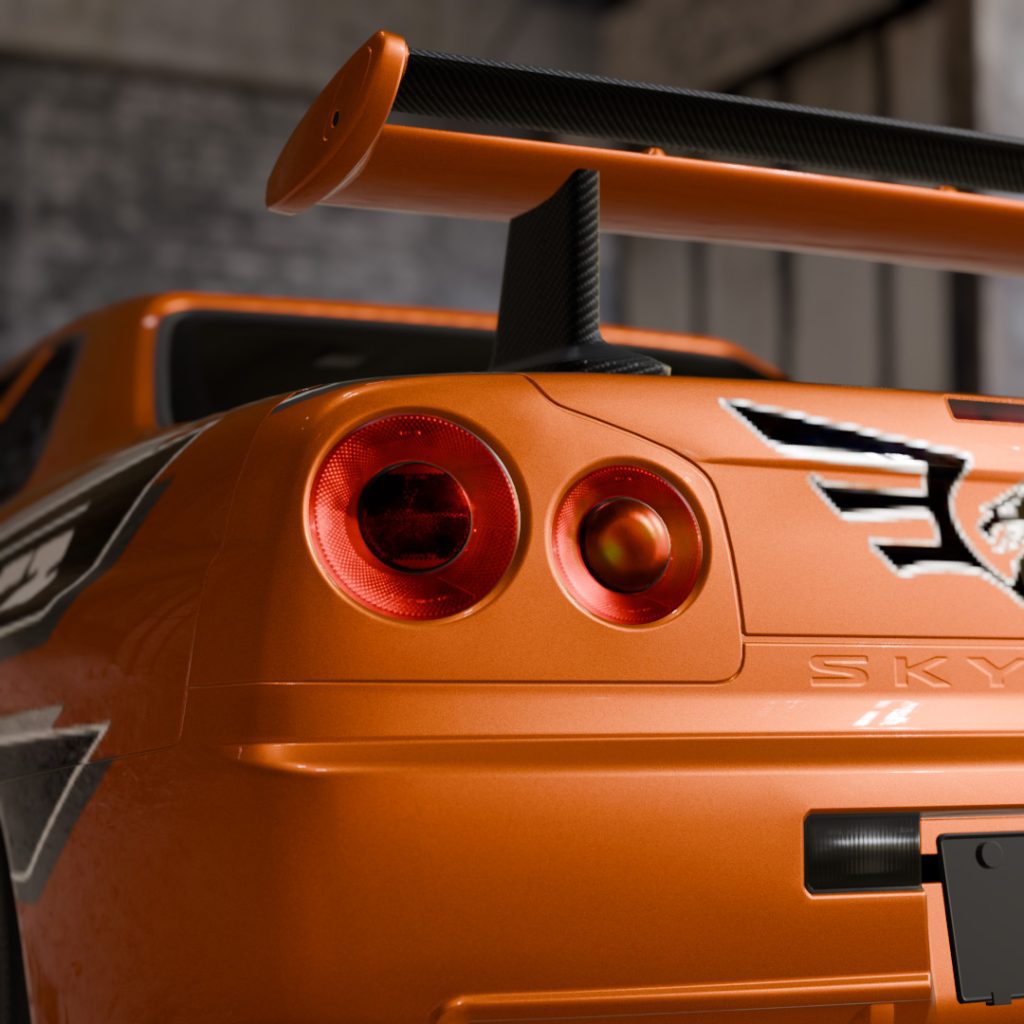 A high-quality render of Eddie’s Nissan GT-R R34 from Need for Speed Underground 1, featuring the iconic livery.