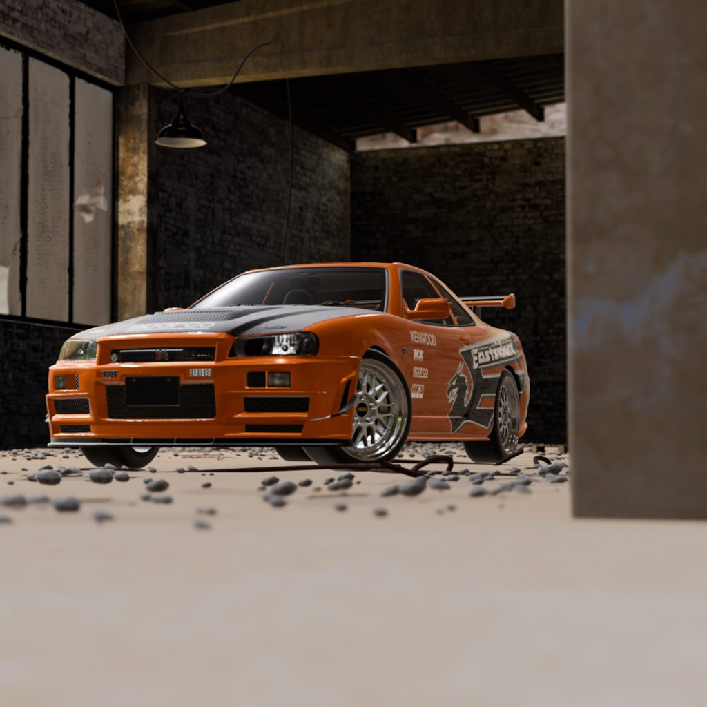 A high-quality render of Eddie’s Nissan GT-R R34 from Need for Speed Underground 1, featuring the iconic livery.