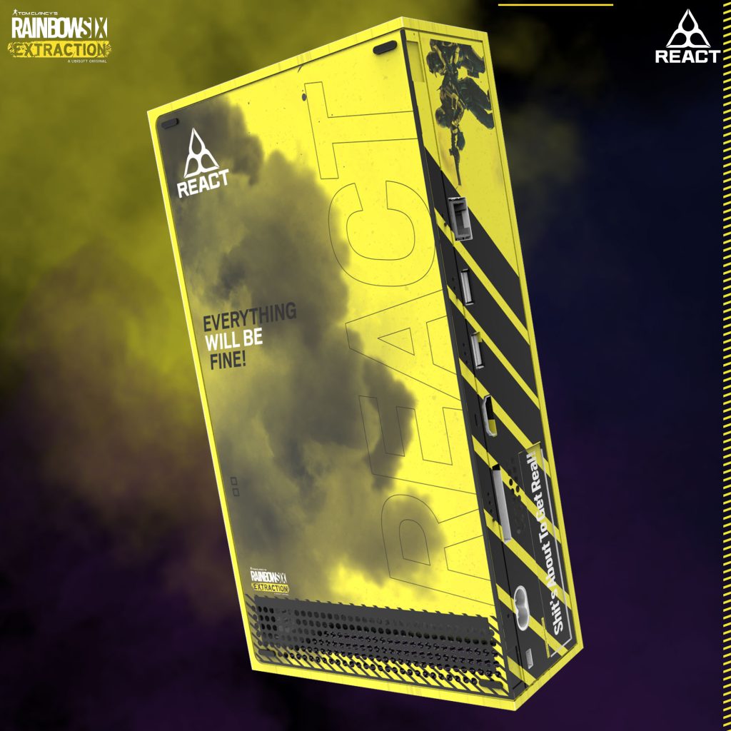 A custom Xbox Series S skin inspired by Rainbow Six Extraction, featuring a tactical and futuristic design.